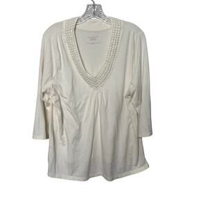 Talbots‎ Petites 2X Embellished V-Neck Top Ivory 3/4 Sleeve Stretch Knit Blouse